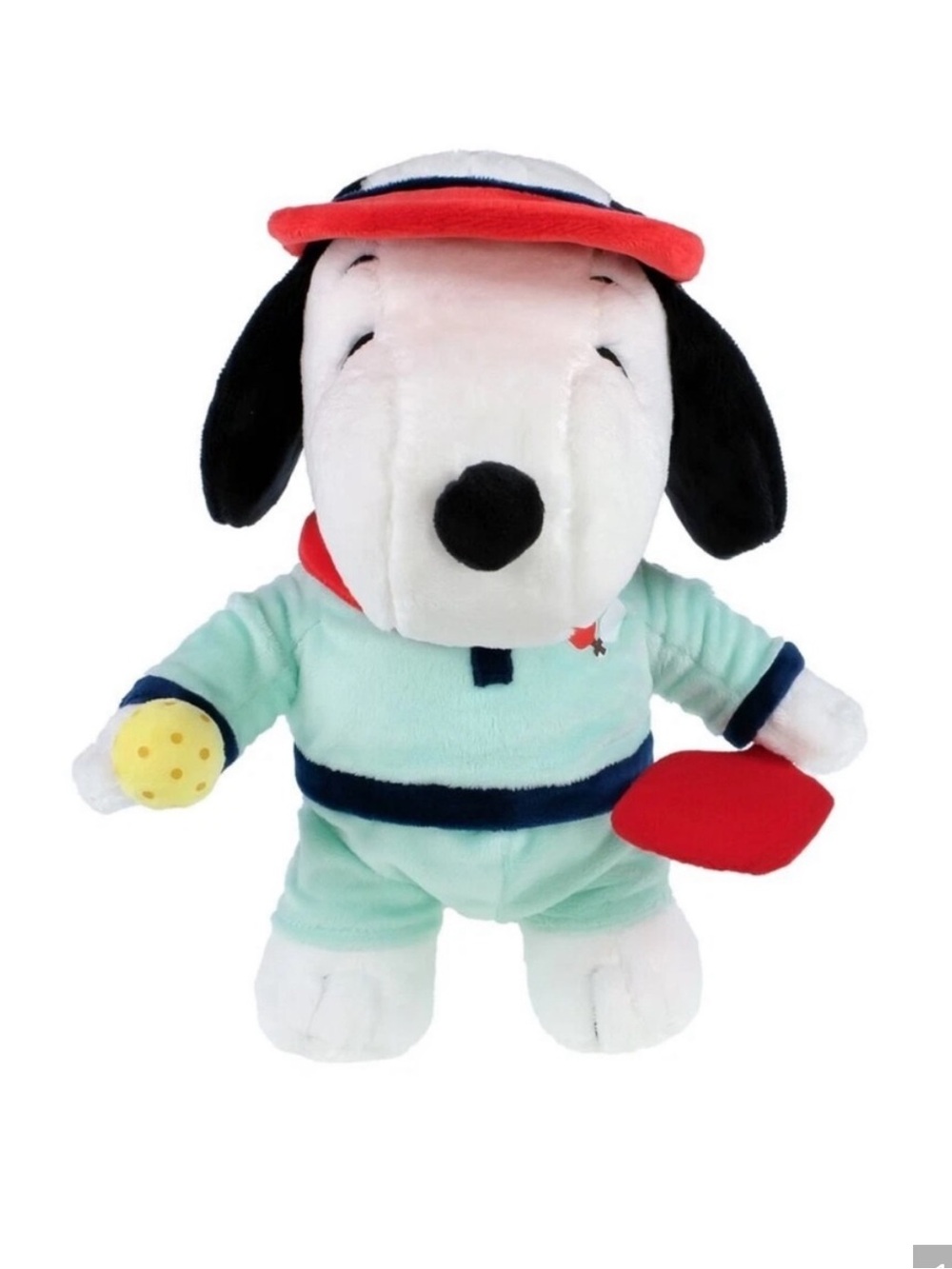 Peanuts Snoopy Pickleball Plush Toy in Mint Outfit with Red Cap paddle and ball